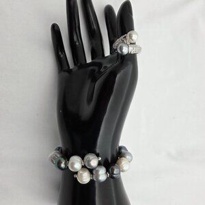 Luminous Multi-Tone Pearl Ring & Bracelet Statement Set
